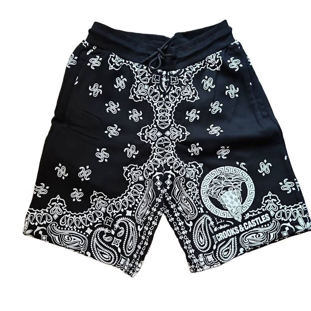 Crooks and Castles Men's Paisley Fleece Shorts  Black White Small